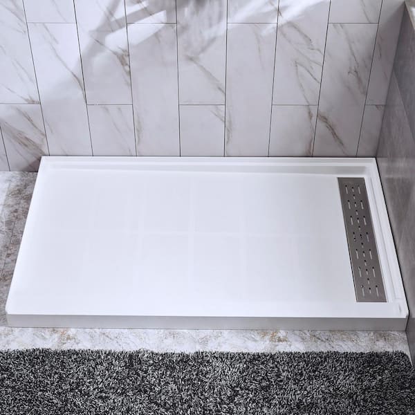 WOODBRIDGE 48 in. x 32 in. Solid Surface Single Threshold Right Drain Shower Pan with Stainless Steel Linear Cover in White