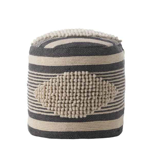 Noble House Volney White and Navy Blue Cylinder Pouf