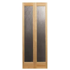 24 in. x 80 in. Rain Decorative Glass/Wood Pine 1-Lite Interior Wood Bi-Fold Door