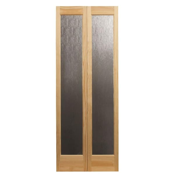 Pinecroft 24 in. x 80 in. Rain Decorative Glass/Wood Pine 1-Lite Interior Wood Bi-Fold Door