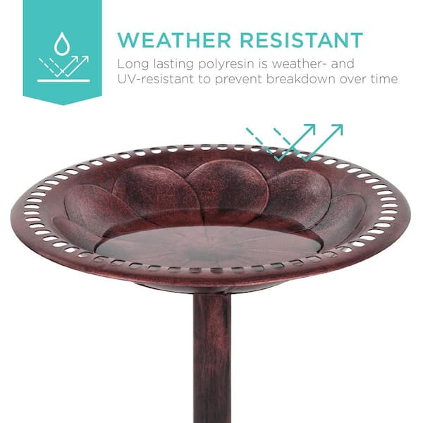 28 in. Tall Outdoor Turquoise Resin Antique Pedestal Birdbath, Vintage Outdoor Accent Decoration with Iris-Cherry Red