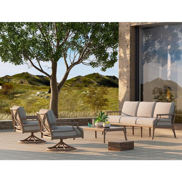 PEAK HOME FURNISHINGS Lamando 4-Piece Aluminum Patio Outdoor Swivel Conversation Set with Light Mixed Gray Cushions Sofa