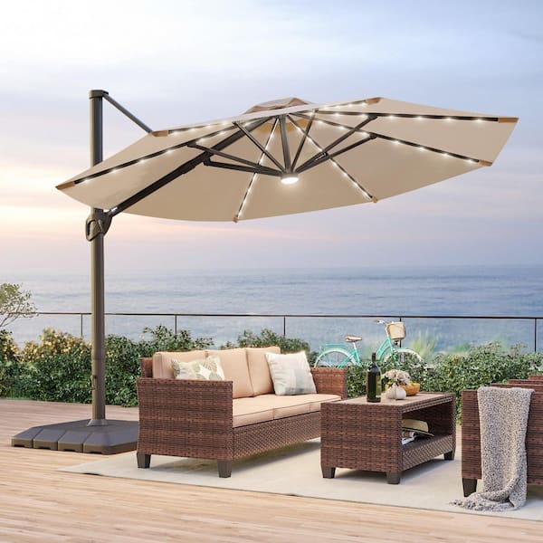 Sonkuki 11 ft. Solar LED Round Aluminum Cantilever Outdoor Patio Umbrellas with Base in Sand
