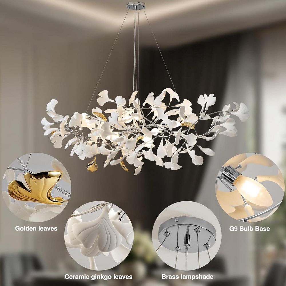YUYI 10-Light Silver Chandelier, Luxury Ceramic Ginkgo Branch
