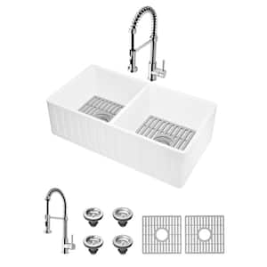 Matte Stone 33" Double Bowl Farmhouse Apron Front Undermount Kitchen Sink with Faucet in Chrome and Accessories