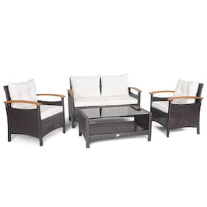 4-Pieces Patio Rattan Furniture Set Sofa Storage Table Off White Cushioned