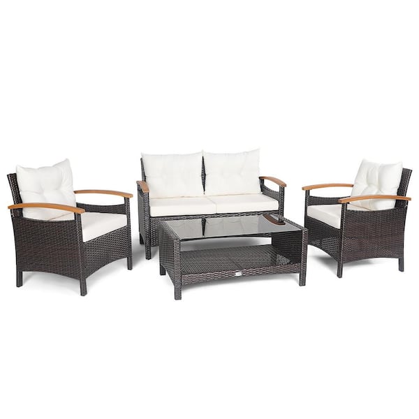 Costway 4-Pieces Patio Rattan Furniture Set Sofa Storage Table Off White Cushioned