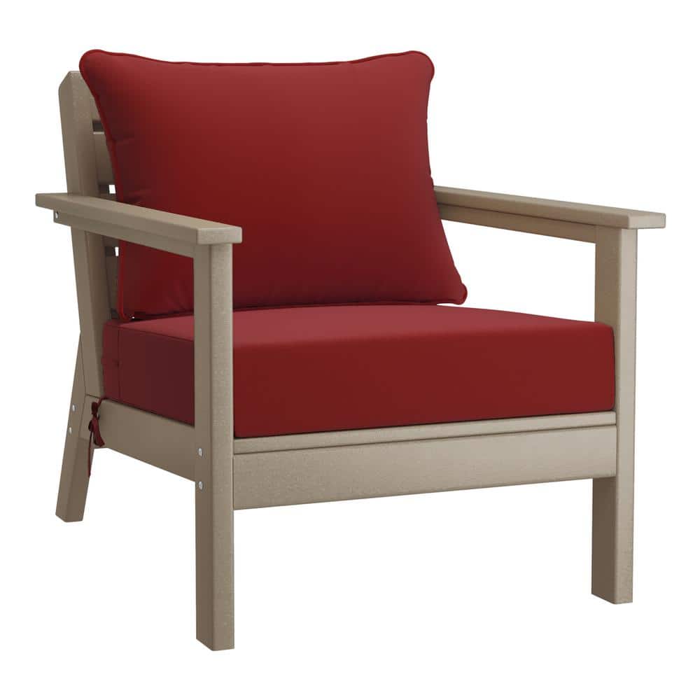 Birchwood Outdoor Patio Deep Seating HDPE Plastic Lounge Chair in Weathered Wood with Red Cushions price history on PriceWatchPro