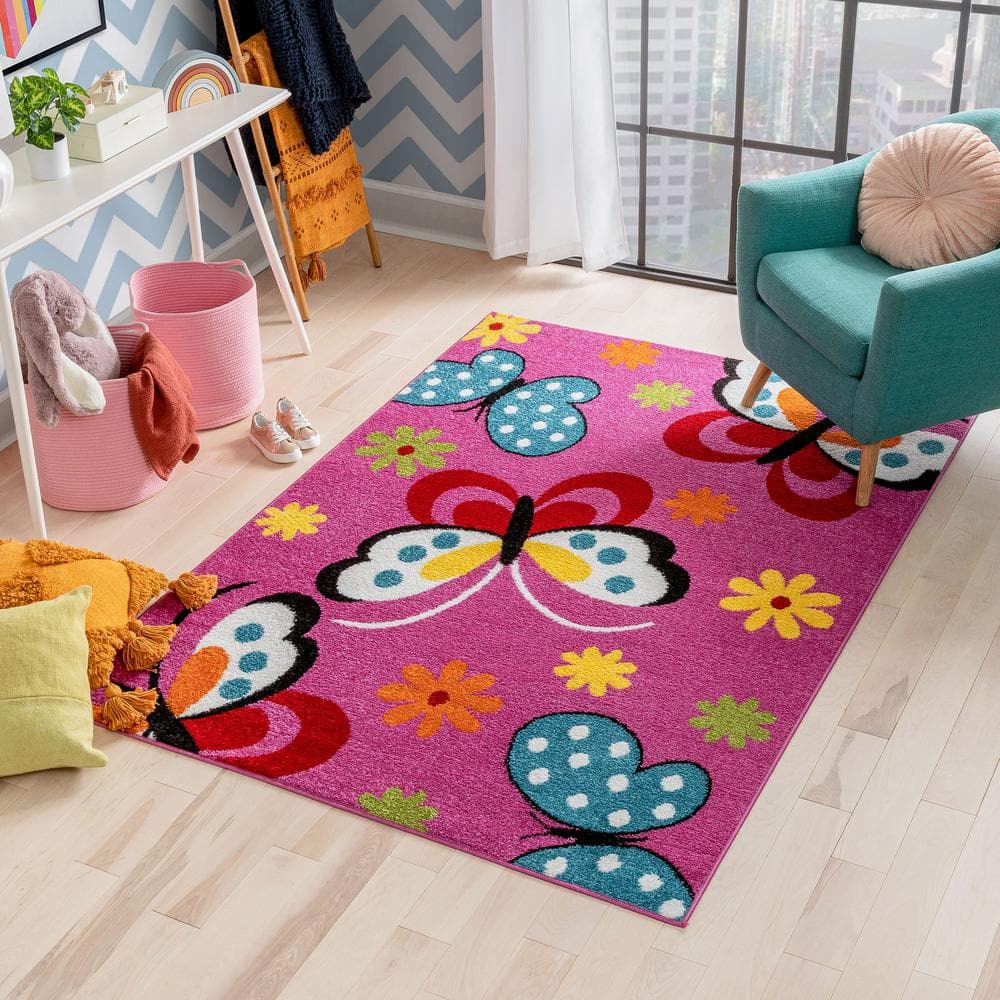 StarBright Pink Geometric Butterfly Kids Area Rug 3'3" x 5'