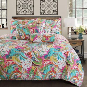 Flourish Tropical Floral Paisley 3-Piece Multi-Color Pink Blue Green Poly Cotton Queen Quilt Bedding Set
