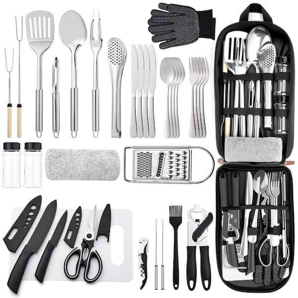 34-Piece Stainless Steel Outdoor Kitchen Utensil Set with Storage Bag for Camping, RVs, Picnics, BBQs