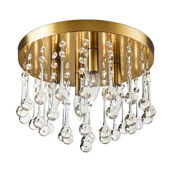 Sonoma 11.8 in. 4-Light Modern Brushed Brass Metal Crystal Flush Mount