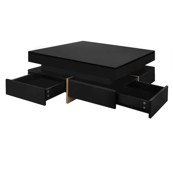 Huluwat 31 in. Black Square Particle Board Coffee Table with Drawer