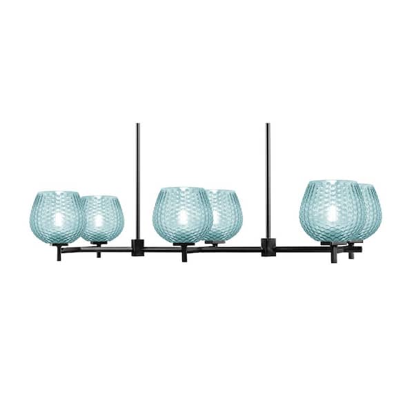 Unbranded Bridgewater 6 Light Black Linear Chandelier for Kitchen Island with 6 in. Turquoise Glass Shades, No Bulbs Included