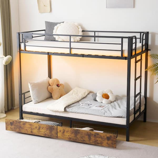 Black Twin Over Twin Metal Bunk Bed Frame with 2 Drawers and LED Lights and Non-Slip Ladder and Charging Station