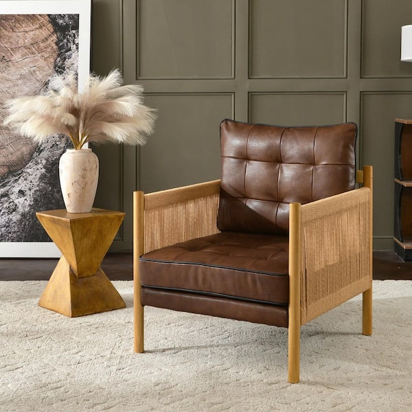 28.7 in. W Brown Top-grain Genuine Leather Accent Chair Set of 1 with Jute Rope Wrapped Arms