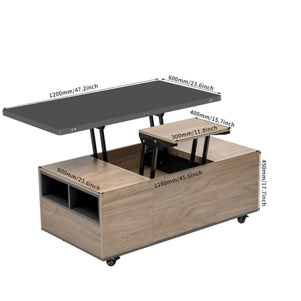 Harper & Bright Designs 47.2 in. Black and Walnut Rectangle MDF Lift Top Versatile Coffee Table with 3 Drawers and Lockable Universal Wheels