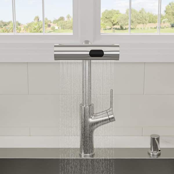 Brushed 14.3 in. H 360° Swivel Pull Down Sprayer Kitchen Faucet with 4 Spray Mode and Single-Handle Lever