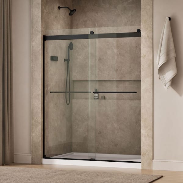 Levity 56-60 in. W x 74 in. H Sliding Frameless Shower Door in Matte Black with 1/4 in. Thick Tempered Glass