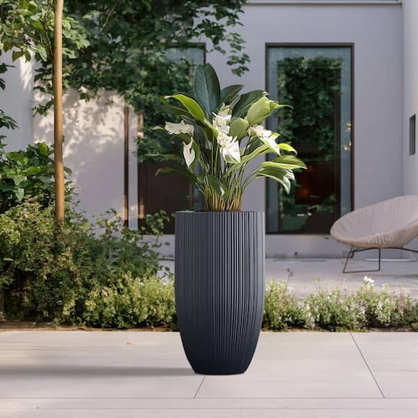 Medium Gray Tall Cylinder Concrete Planter with Vertical Ribbing and Drainage Hole(13.5 in. L x 13.5 in. W x 24.5 in. H)