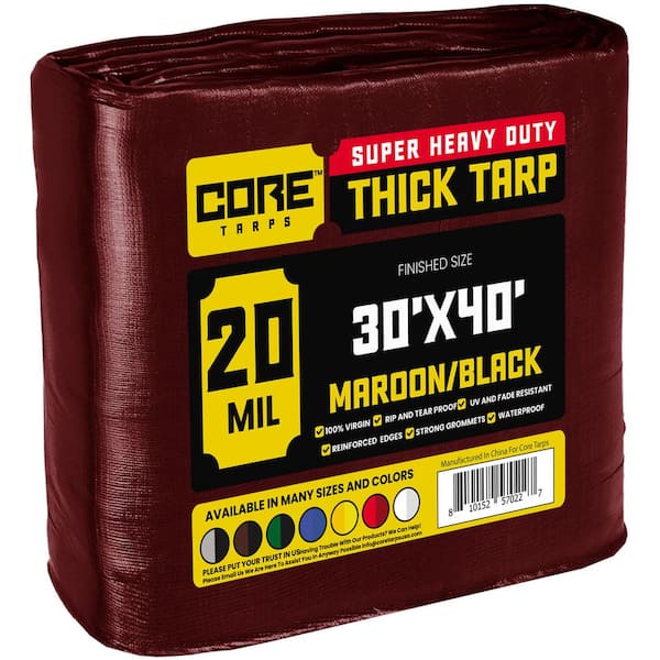 30 ft. x 40 ft. Maroon 20 Mil Heavy Duty Polyethylene Tarp, Waterproof, UV Resistant, Rip and Tear Proof