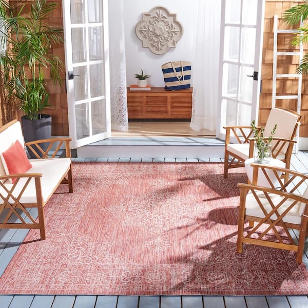 Courtyard Rust/Ivory 8 ft. x 10 ft. Border Medallion Indoor/Outdoor Patio  Area Rug