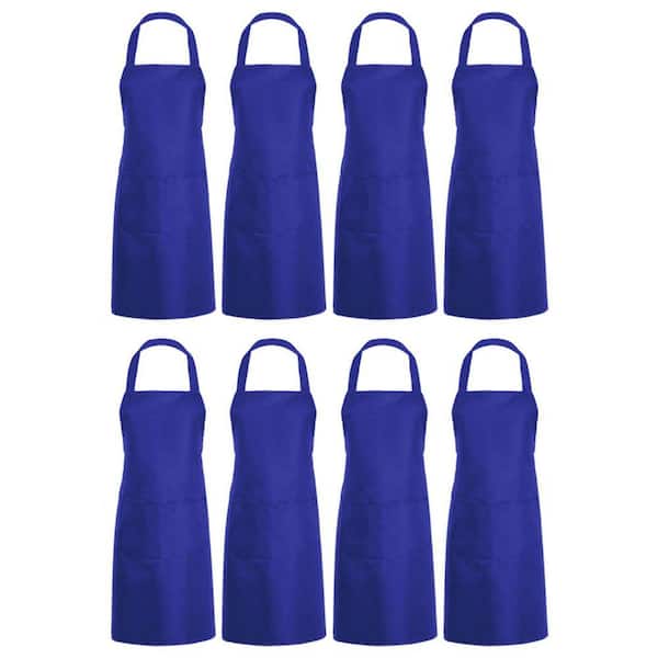 Angel Sar Blue Plain Bib Decor Apron with 2 Pockets for Kitchen, Cooking, Restaurant, BBQ, Painting and Crafting (8-Pack)