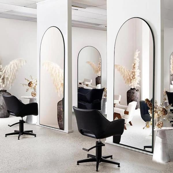 32 in. W x 71.1 in. H Modern Classic Arched Black Wood Oversized Full Length Floor Mirror