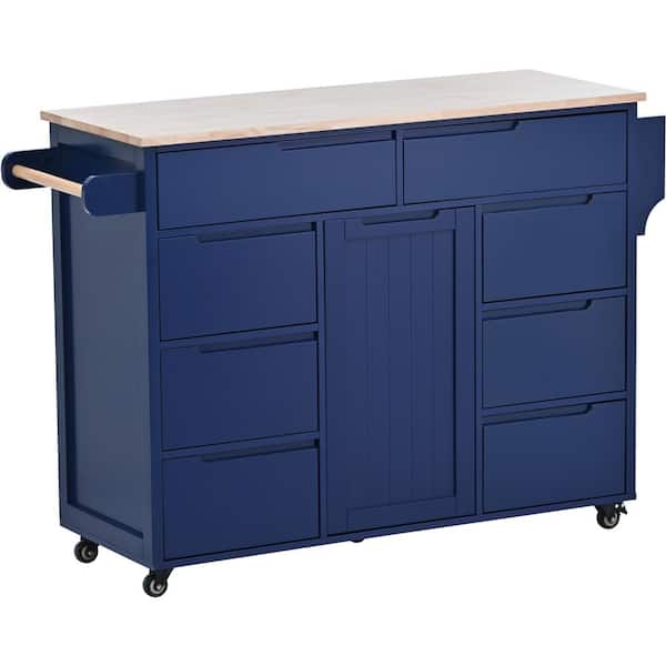 Polibi Blue Wood Countertop 53.15 in. Kitchen Island Cart, 8-Drawers, 1-Flatware Organizer and 5-Wheels