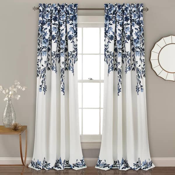 Lush Decor Navy/White Floral Rod Pocket Room Darkening Curtain