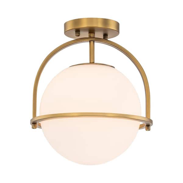 C Cattleya 10.25 in. 1-Light Antique Brass Sphere Modern Semi Flush Mount with Opal Glass Shade and No Bulbs Included