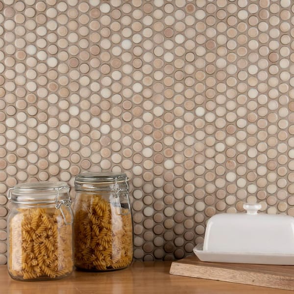 Hudson Penny Round Truffle 6 in. x 6 in. Porcelain Mosaic Take Home Tile Sample