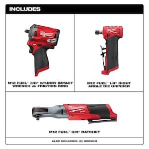 M12 FUEL 12V Lithium-Ion Brushless Cordless Stubby 3/8 in. Impact Wrench / 3/8 in. Ratchet/Die Grinder (3-Tool)