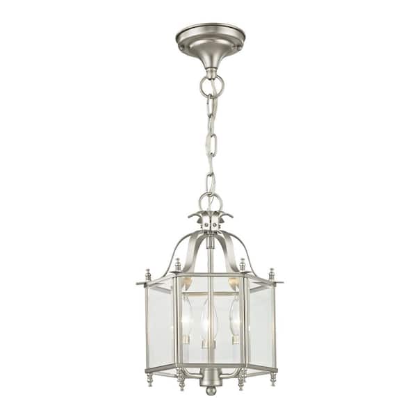AVIANCE LIGHTING Burleson 9.5 in. 3-Light Brushed Nickel Convertible Mini Pendant/Semi Flush with Clear Beveled Glass