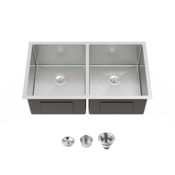 33 in. Embedded Double Bowl ‎Dark Gray Stainless Steel Kitchen Sink, Undermount Handmade Sink in Brushed