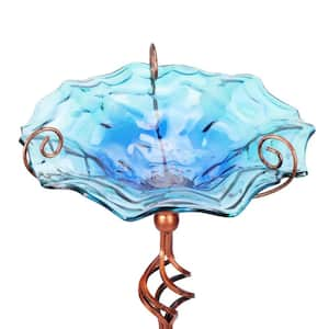 31 in. Glass Bird Bath Glass Birdbath Garden Bird Feeder with Metal Stake Blue