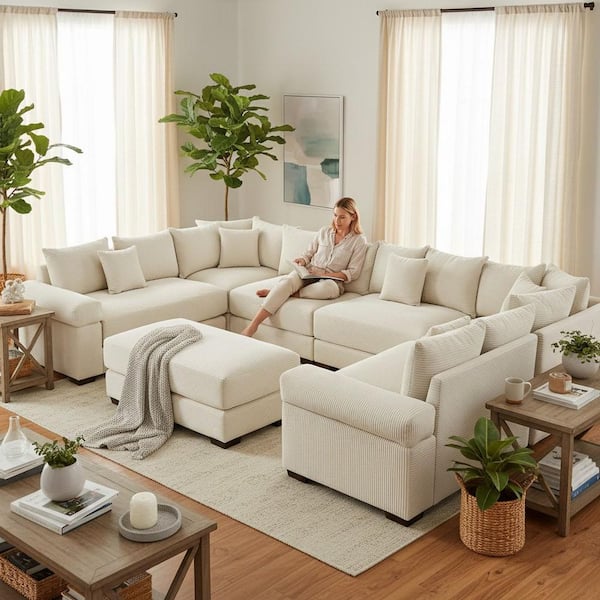 Homy Casa LZXNSN 137.7 in. Straight Arm 7-Piece Corduroy Modular