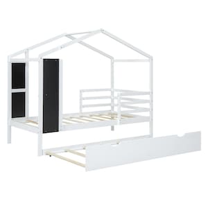 White Wood Frame Twin Size House Platform Bed with Blackboard, Twin Size Trundle, Fence Bedrails