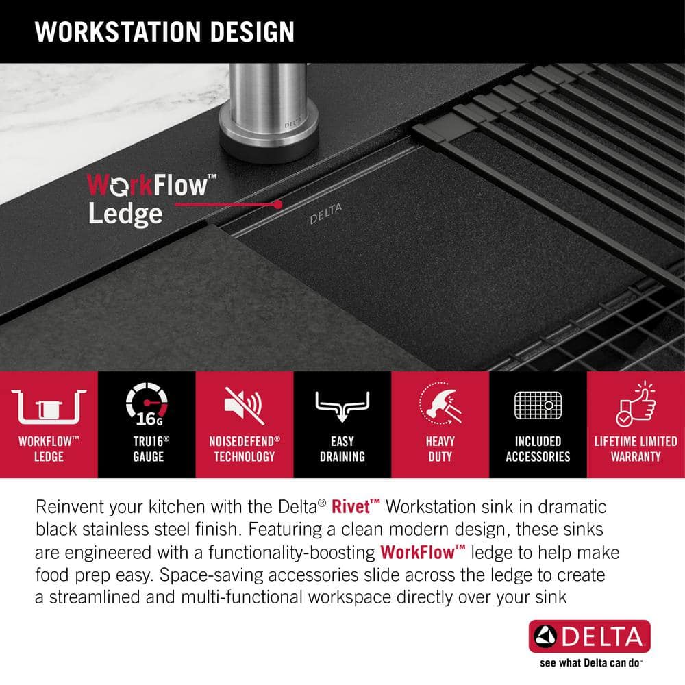 Delta Rivet 25" Black Stainless Steel Single Bowl Workstation Kitchen Sink