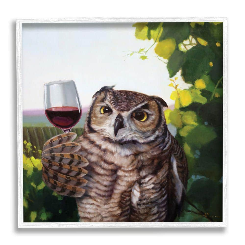 Great Horned Owl Drinking Red Wine Vineyard Bird by Lucia Heffernan Framed Animal Wall Art Print 12 in. x 12 in -  Stupell Industries, ae-770_wfr12x12