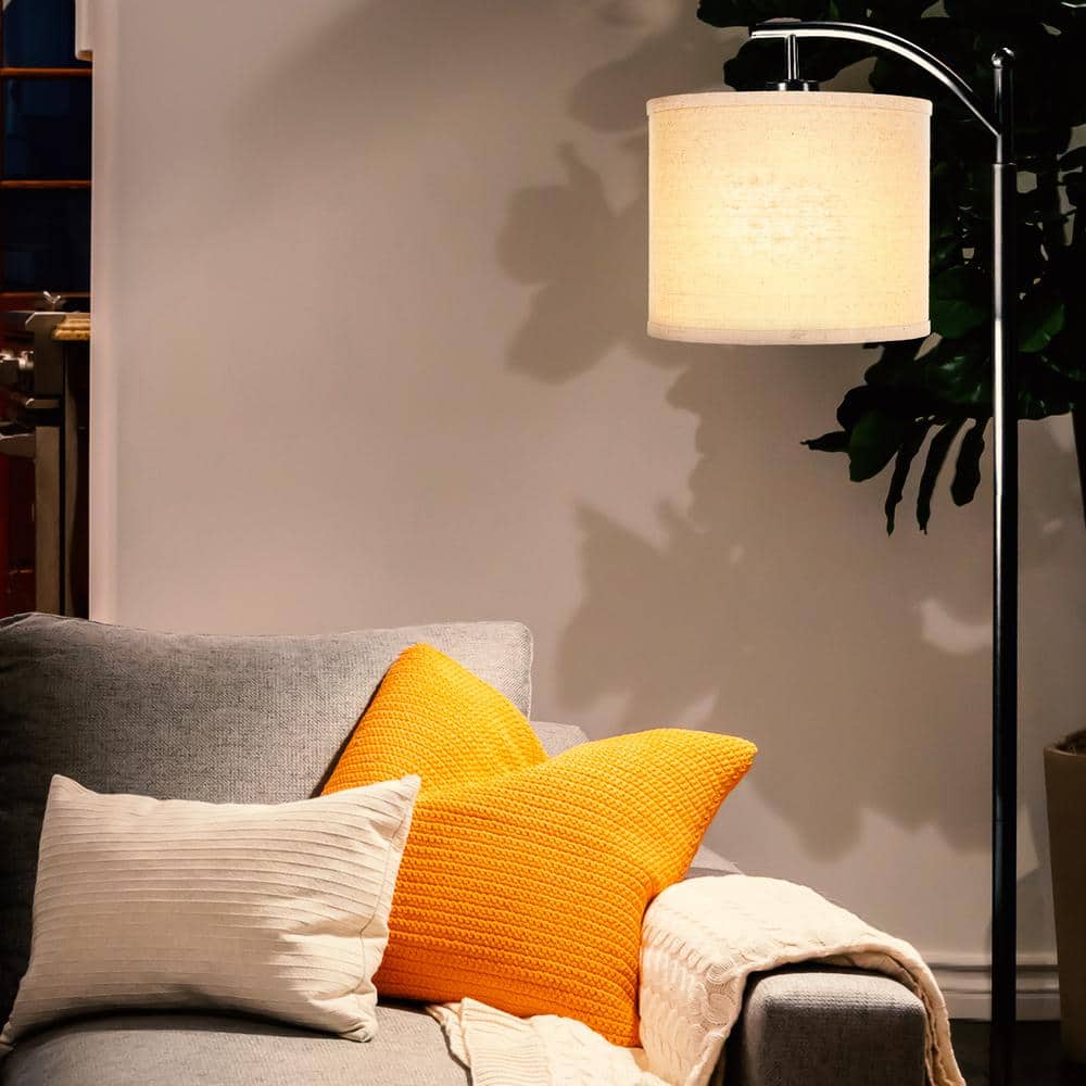 Classic Black Arc LED Floor Lamp with Tan Drum Shade