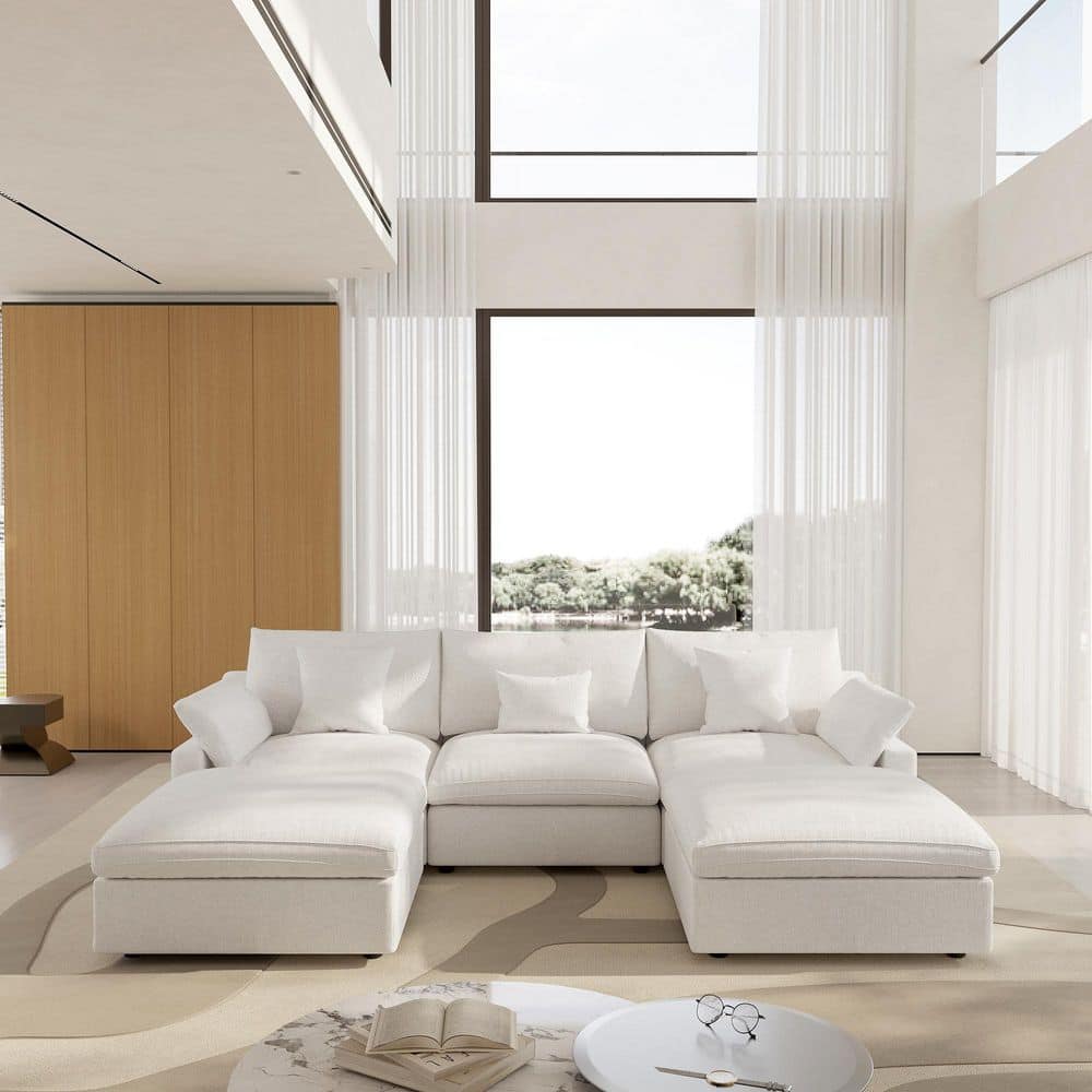 119.2 in. Square Arm 5-Piece Linen U-Shaped Down Feather Modular Free Combination Sectional Sofa with Ottoman in White