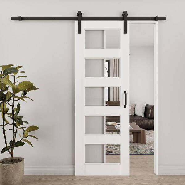 28 in. x 80 in. 5-Lite Tempered Clear Glass White Primed Solid Core MDF Sliding Barn Door with Hardware Kit
