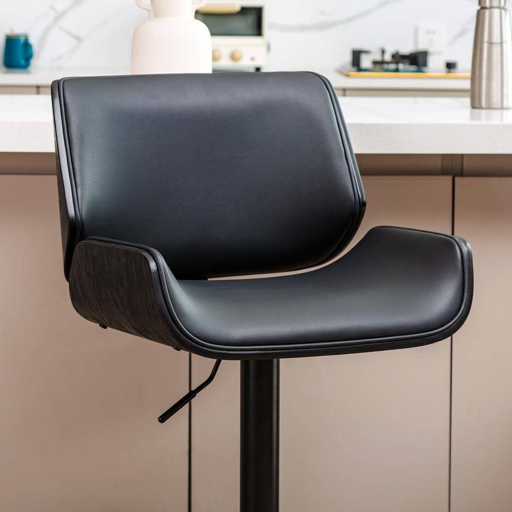 Black Adjustable Height Swivel Bar Stools with Leather and Metal
