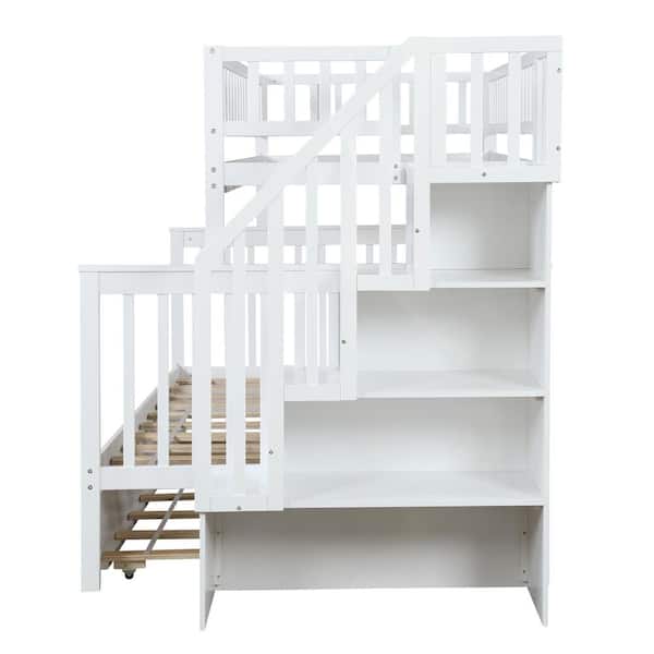 White Twin Over Full Stairway Bunk Bed, Plans For Bunk Bed With Stairs And Drawers