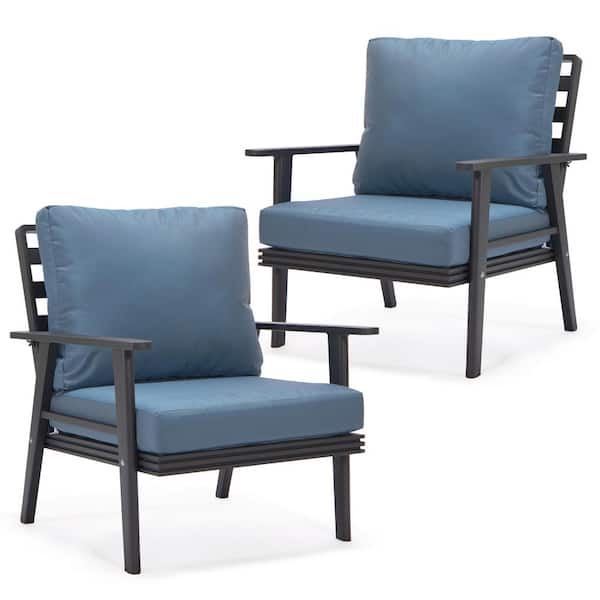 Leisuremod Walbrooke Modern Black Aluminum Outdoor Arm Chair w/ Powder Coated Frame and Removable Cushions in. Navy Blue (Set of 2)