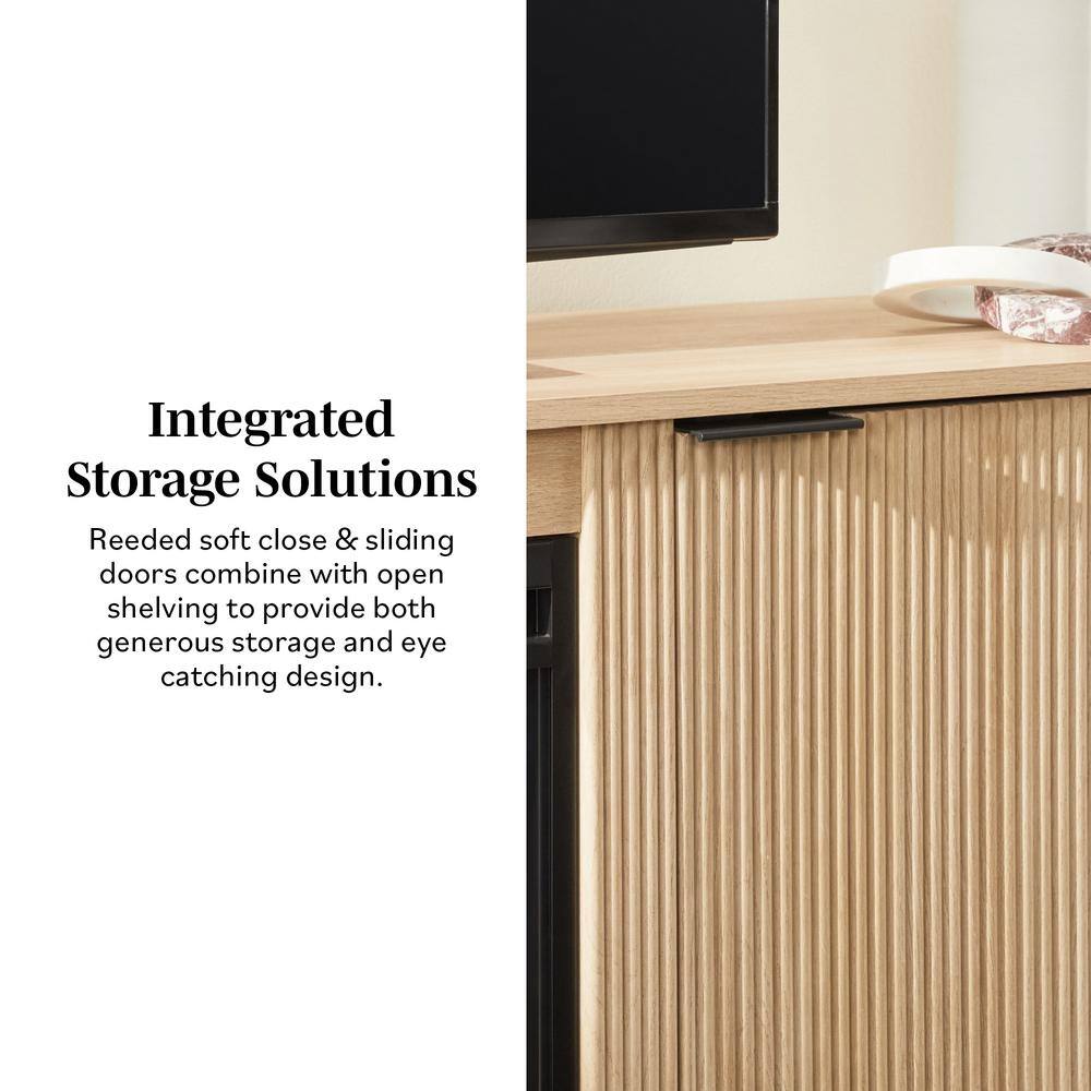 Modern Coastal Oak 70" Fireplace TV Stand with Reeded Cabinet