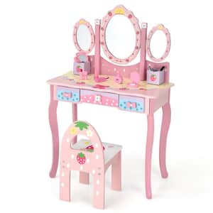 Kids Vanity Princess Makeup Dressing Table Chair Set 2-Piece Rectangular Wood Pink Bar Table Set w/Tri-fold Mirror Pink