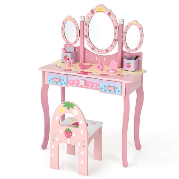 Costway Kids Vanity Princess Makeup Dressing Table Chair Set 2-Piece Rectangular Wood Pink Bar Table Set w/Tri-fold Mirror Pink