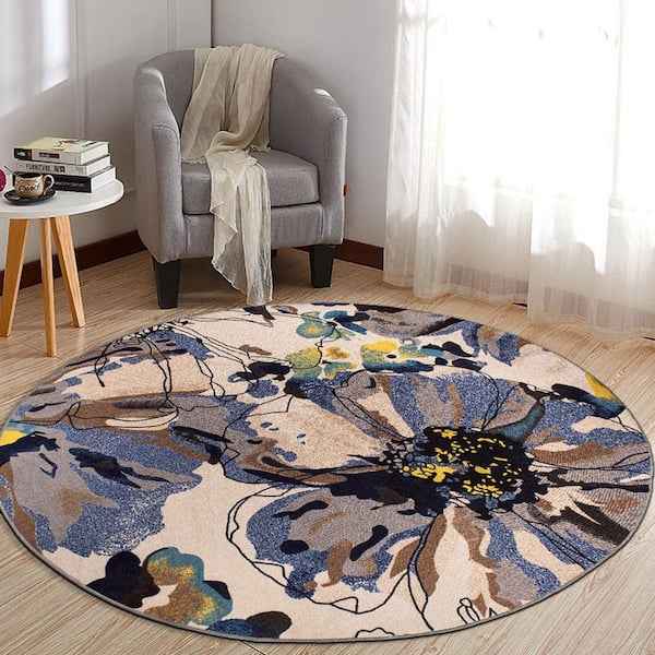 Contemporary Bright Flowers Non-Slip (Non-Skid) Cream 8 ft. Round Indoor Area Rug